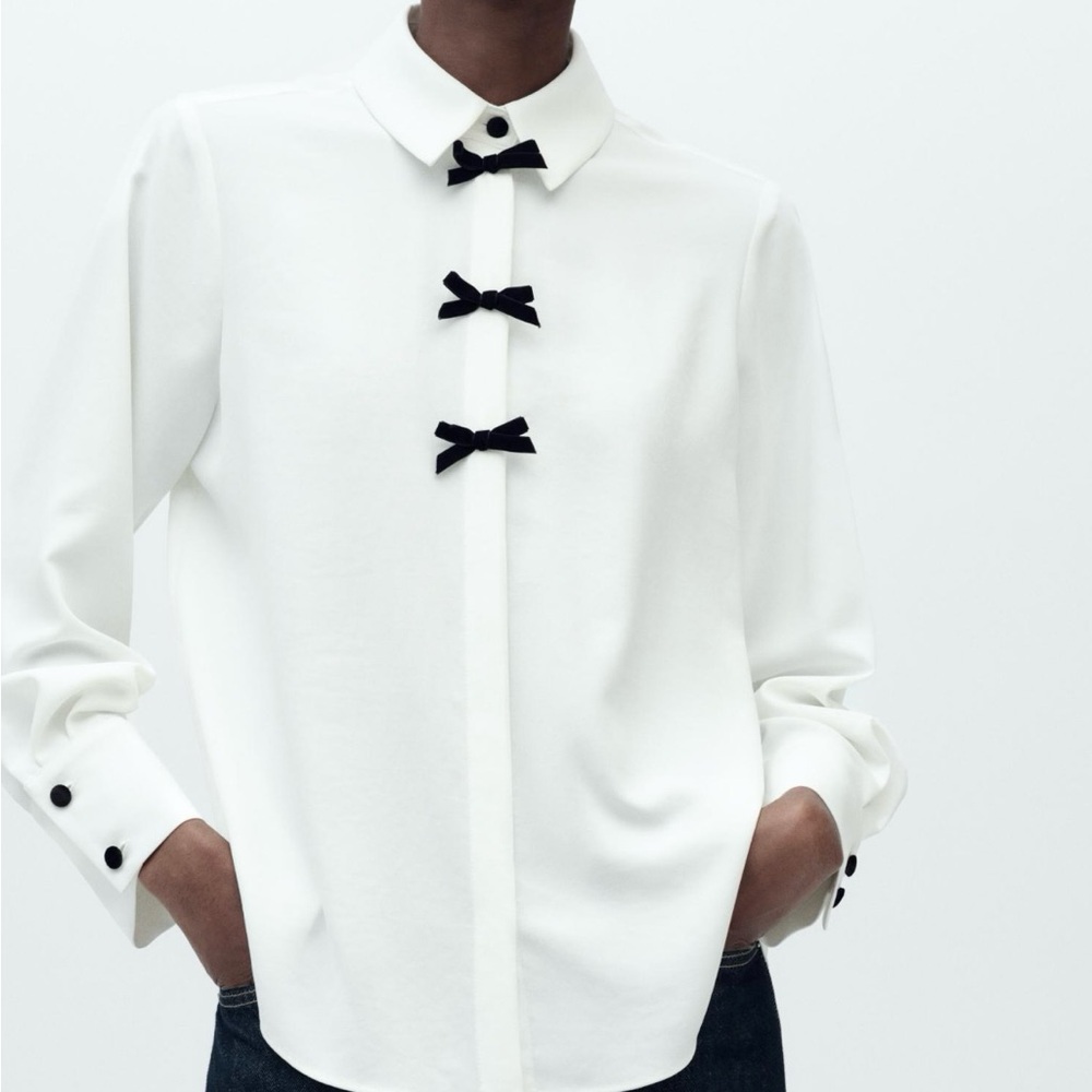 Zara White Shirt with velvet Black Bow Accents and buttons